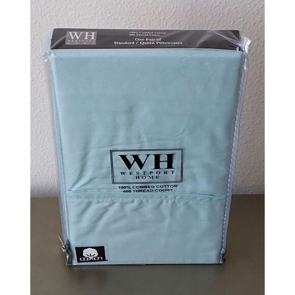 WESTPORT HOME Light Blue 100% Combed Cotton Standard Pillowcases 400TC 2-Pack - Picture 2 of 7